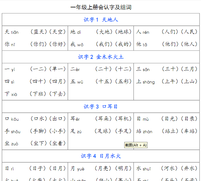 一年级语文上册识字写字组词表