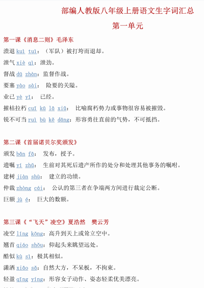 八年级语文上下册生字词以及文学常识考点汇总