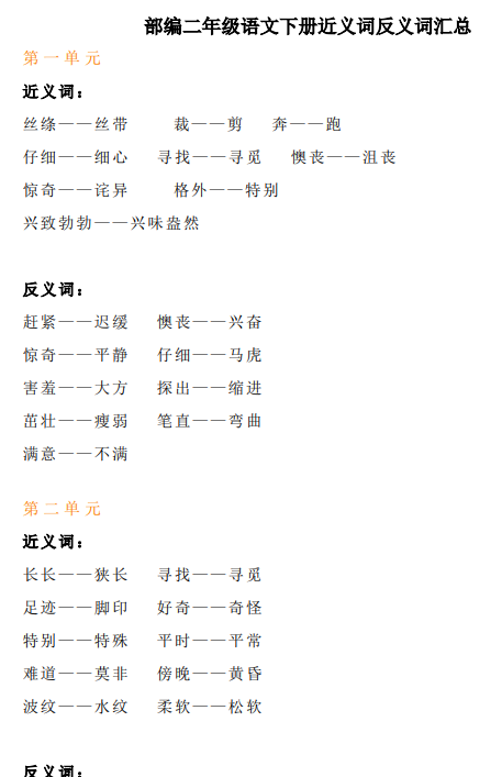 部编二年级语文下册近义词反义词汇总